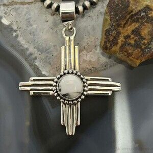 Sterling Silver Southwestern Style Round White Buffalo Unisex Zia Pendant #2